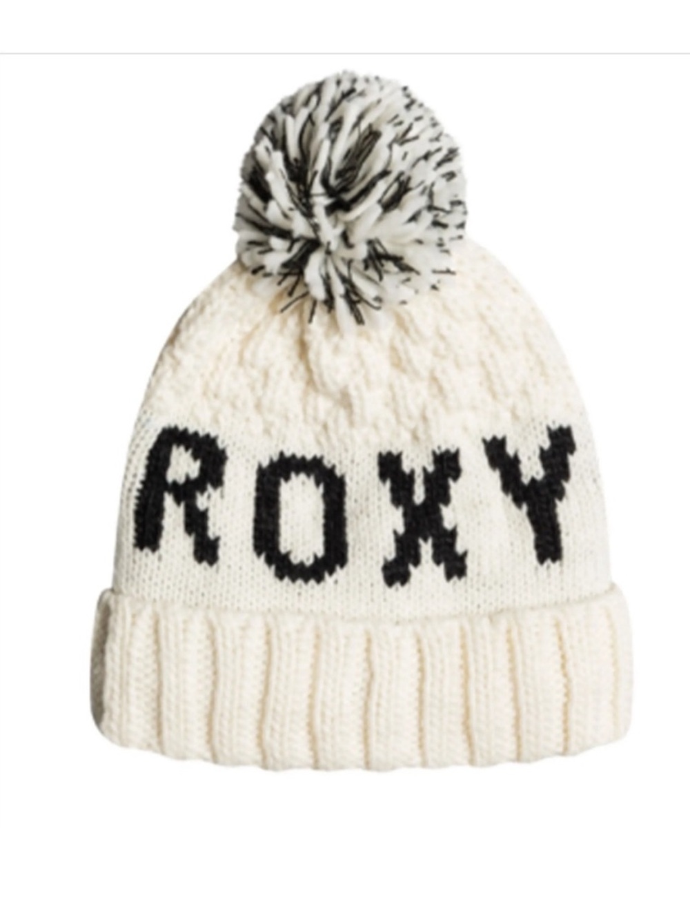 Roxy OS Hat Tonic Beanie in egret fleece lined cuff ribbed cream black Pom NWT